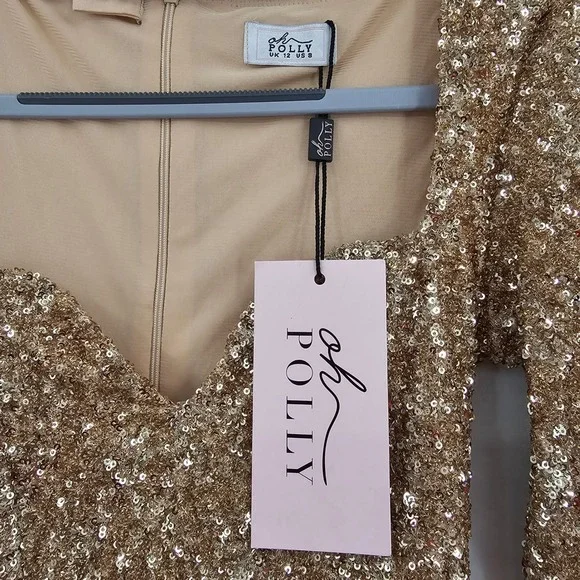 Oh Polly Sephina Gold Sequin Long Sleeve Mini Dress Sweetheart Neck Size 8 NEW - Picture 6 of 12